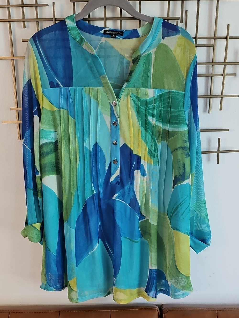 1X- Ava & Grace - Teal and Blue Sheer Pleated Blouse- NET